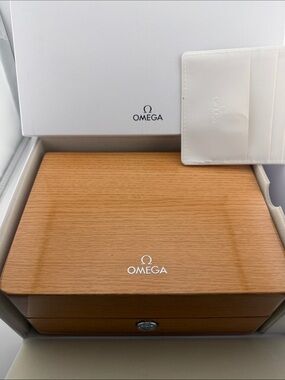Omega Watch Wood Box in Natural Brown with all box items included